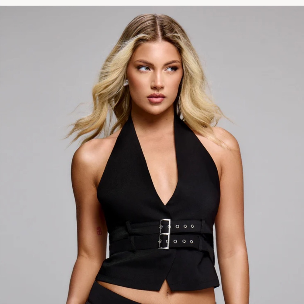 Peppermayo Rina Black Halter Belted Crop Vest